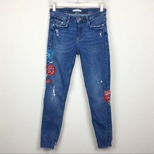 Zara Distressed Raw Hem Embroidered Denim Jeans